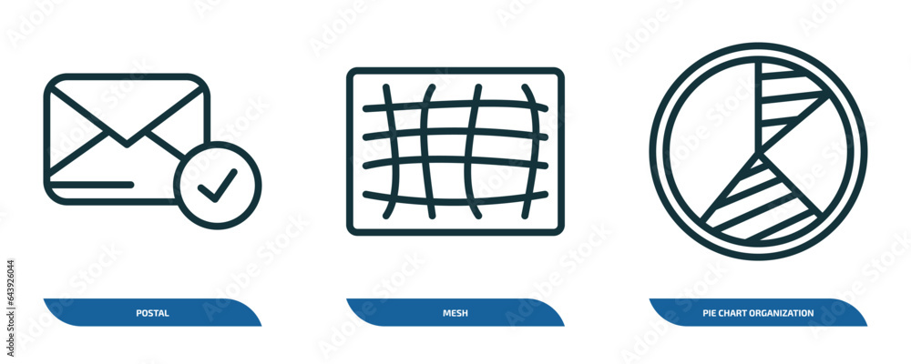 Poster set of 3 linear icons from user interface concept. outline icons such as postal, mesh, pie chart org
