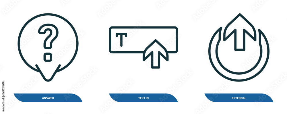 Poster set of 3 linear icons from user interface concept. outline icons such as answer, text in, external v