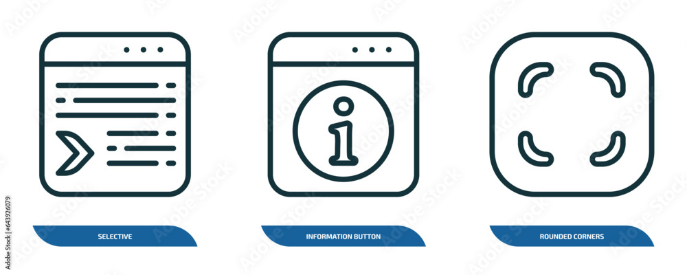 Poster set of 3 linear icons from user interface concept. outline icons such as selective, information butt