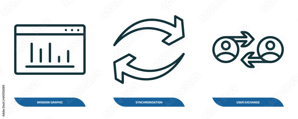 Poster set of 3 linear icons from user interface concept. outline icons such as window graphic, synchronisa