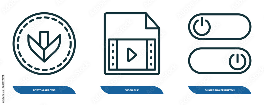 Poster set of 3 linear icons from user interface concept. outline icons such as bottom arrows, video file, 