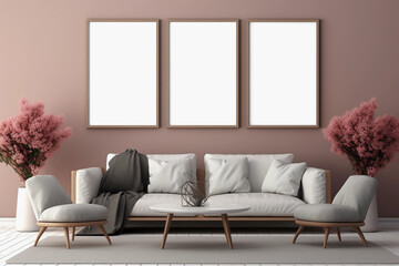 Living Room Mockup - 3 Frames Over Couch Setup - Modern Home Decor Interior Design - Wall Art Display - Contemporary Furniture Background - High-Resolution Image