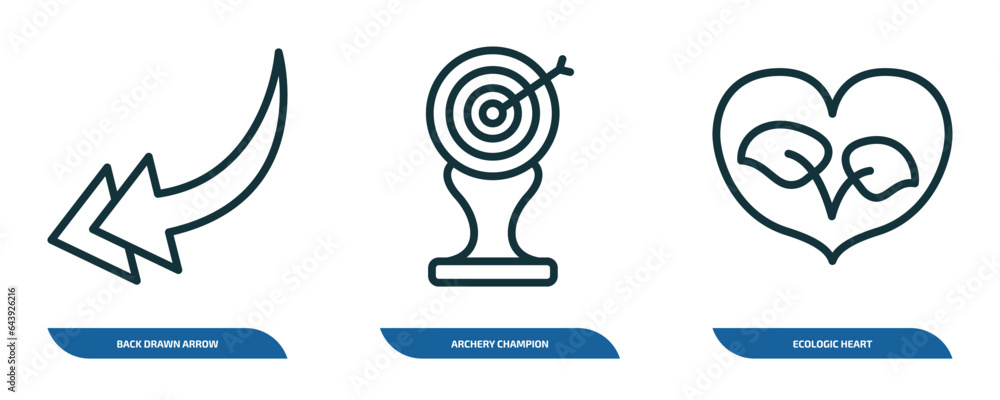 Poster set of 3 linear icons from user interface concept. outline icons such as back drawn arrow, archery c