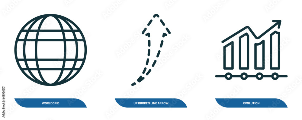 Poster set of 3 linear icons from user interface concept. outline icons such as worldgrid, up broken line a