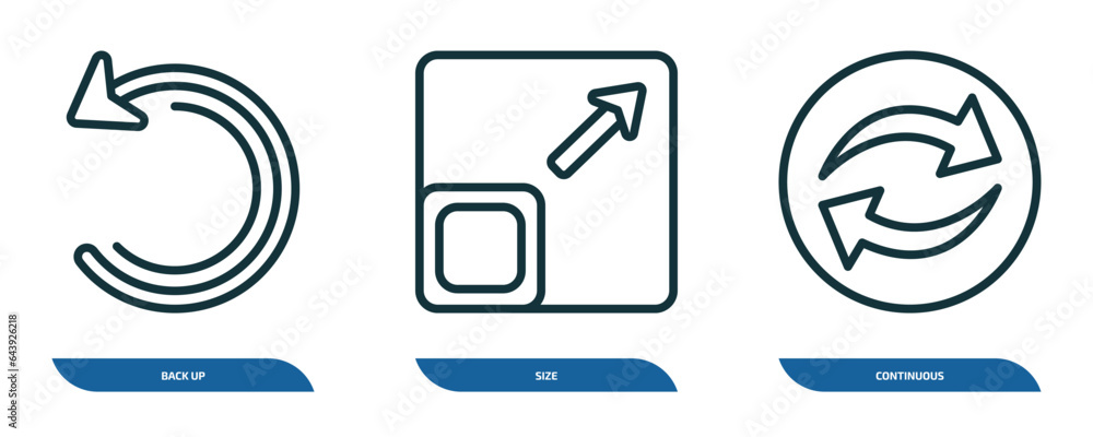 Poster set of 3 linear icons from user interface concept. outline icons such as back up, size, continuous v