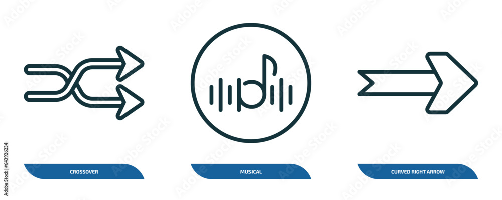 Poster set of 3 linear icons from user interface concept. outline icons such as crossover, musical, curved 