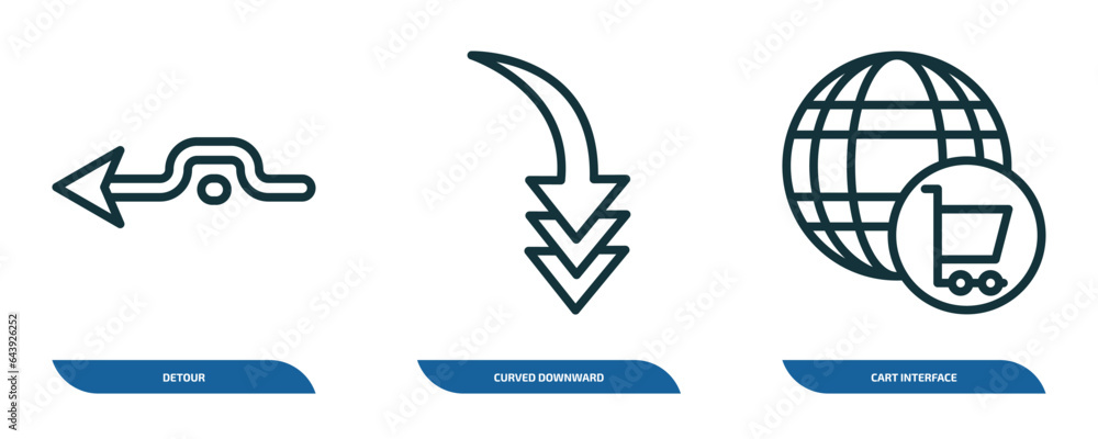 Poster set of 3 linear icons from user interface concept. outline icons such as detour, curved downward arr