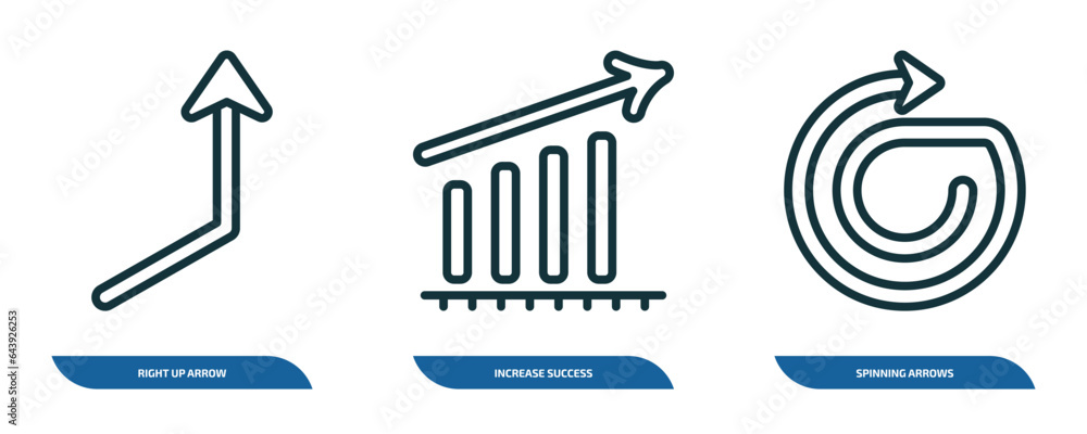 Poster set of 3 linear icons from user interface concept. outline icons such as right up arrow, increase su