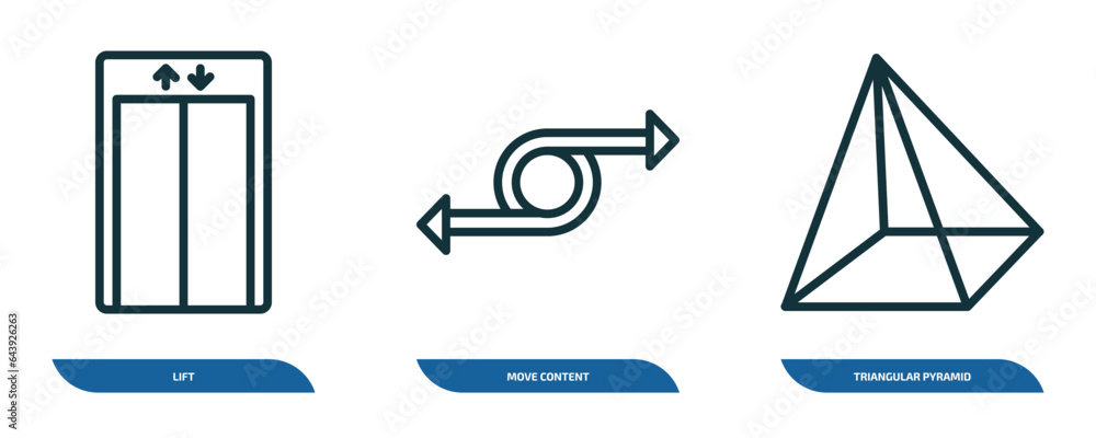 Poster set of 3 linear icons from user interface concept. outline icons such as lift, move content, triangu
