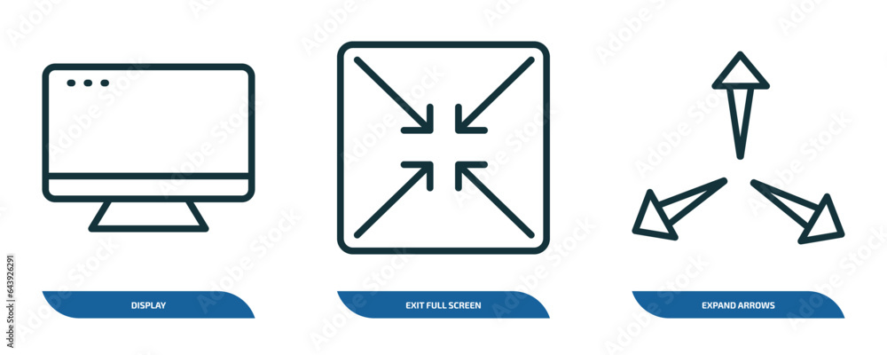 Poster set of 3 linear icons from user interface concept. outline icons such as display, exit full screen a