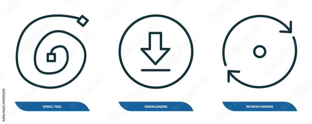 Poster set of 3 linear icons from user interface concept. outline icons such as spiral tool, downloading, r