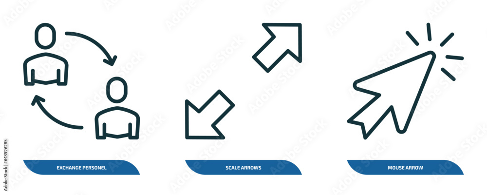Poster set of 3 linear icons from user interface concept. outline icons such as exchange personel, scale ar