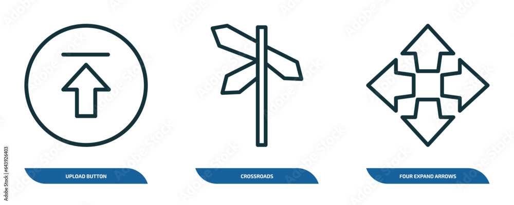 Poster set of 3 linear icons from user interface concept. outline icons such as upload button, crossroads, 