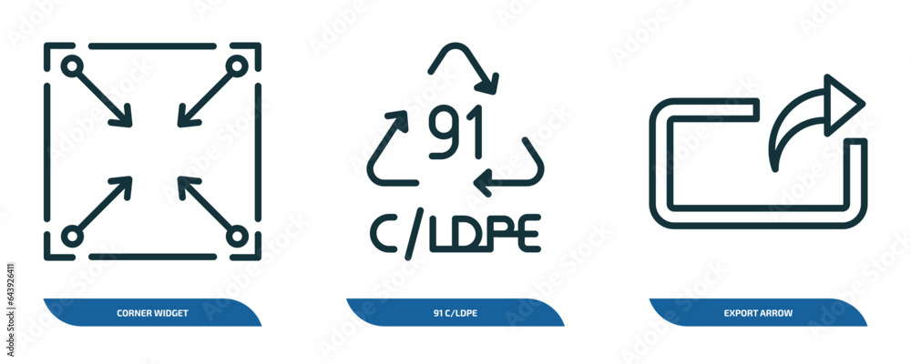 Poster set of 3 linear icons from user interface concept. outline icons such as corner widget, 91 c/ldpe, e