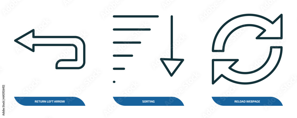 Poster set of 3 linear icons from user interface concept. outline icons such as return left arrow, sorting,