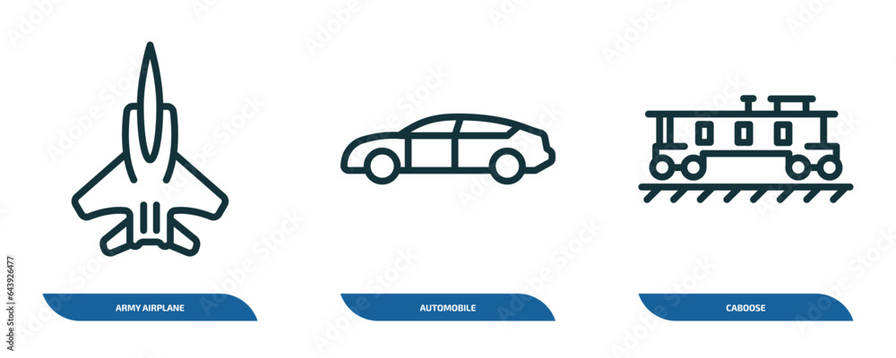 Poster set of 3 linear icons from transportation concept. outline icons such as army airplane, automobile, 