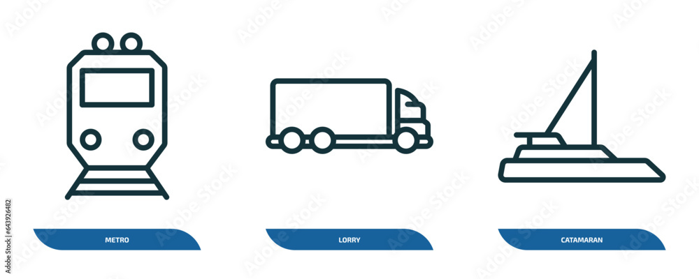 Poster set of 3 linear icons from transportation concept. outline icons such as metro, lorry, catamaran vec