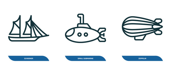 set of 3 linear icons from transportation concept. outline icons such as schooner, small submarine, zeppelin vector © Farahim