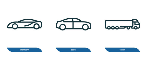 set of 3 linear icons from transportation concept. outline icons such as sports car, sedan, tanker vector