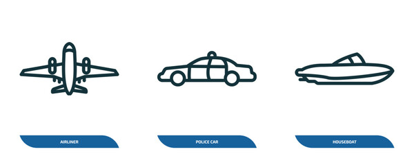 set of 3 linear icons from transportation concept. outline icons such as airliner, police car, houseboat vector © Farahim