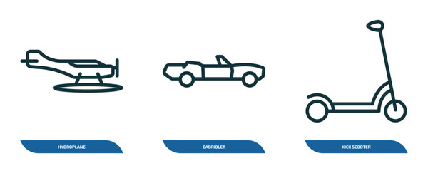 set of 3 linear icons from transportation concept. outline icons such as hydroplane, cabriolet, kick scooter vector