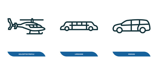 set of 3 linear icons from transportation concept. outline icons such as helicopter profile, limousine, minivan vector
