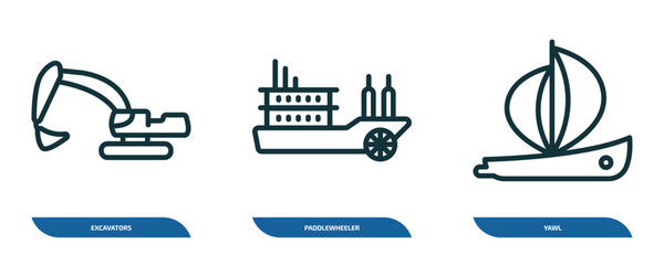 set of 3 linear icons from transportation concept. outline icons such as excavators, paddlewheeler, yawl vector
