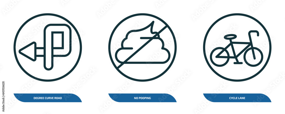 Poster set of 3 linear icons from traffic signs concept. outline icons such as degree curve road, no poopin