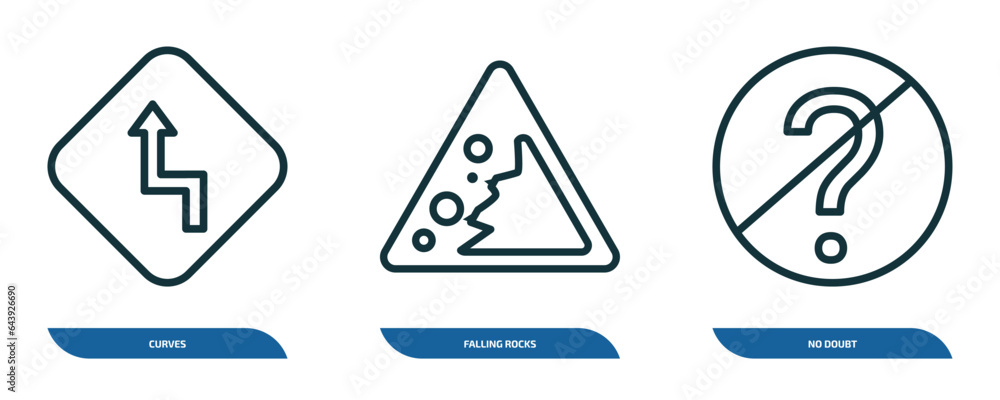 Poster set of 3 linear icons from traffic signs concept. outline icons such as curves, falling rocks, no do