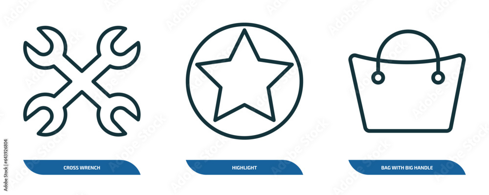 Poster set of 3 linear icons from tools and utensils concept. outline icons such as cross wrench, highlight