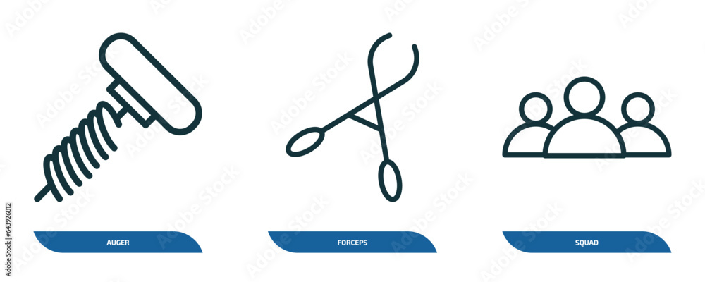 Poster set of 3 linear icons from tools and utensils concept. outline icons such as auger, forceps, squad v