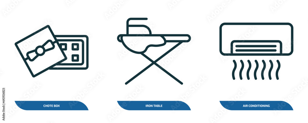 Poster set of 3 linear icons from tools and utensils concept. outline icons such as chote box, iron table, 