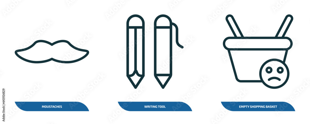 Poster set of 3 linear icons from tools and utensils concept. outline icons such as moustaches, writing too