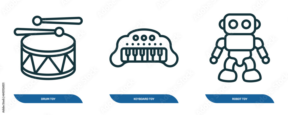 Poster set of 3 linear icons from toys concept. outline icons such as drum toy, keyboard toy, robot toy vec