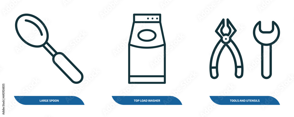 Poster set of 3 linear icons from tools and utensils concept. outline icons such as large spoon, top load w