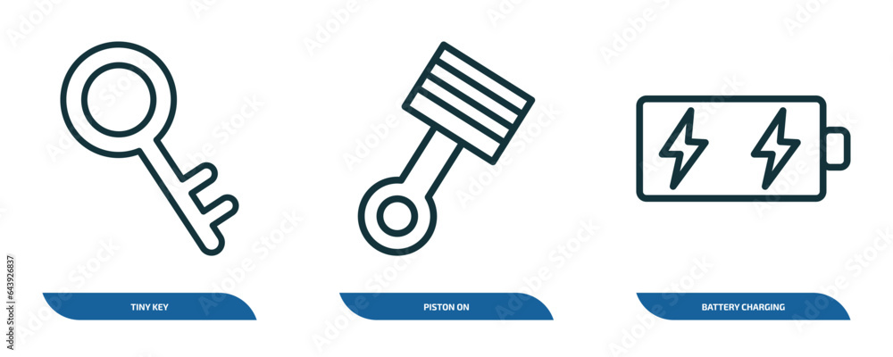 Poster set of 3 linear icons from tools and utensils concept. outline icons such as tiny key, piston on, ba