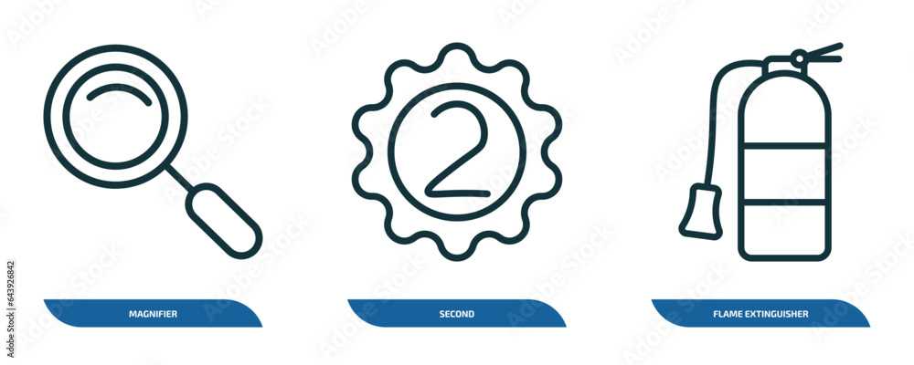 Poster set of 3 linear icons from tools and utensils concept. outline icons such as magnifier, second, flam