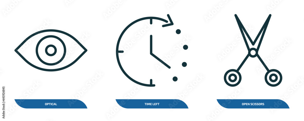 Poster set of 3 linear icons from tools and utensils concept. outline icons such as optical, time left, ope