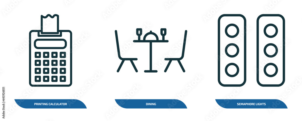 Poster set of 3 linear icons from tools and utensils concept. outline icons such as printing calculator, di