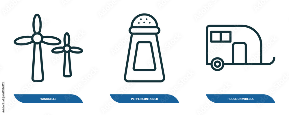 Poster set of 3 linear icons from tools and utensils concept. outline icons such as windmills, pepper conta