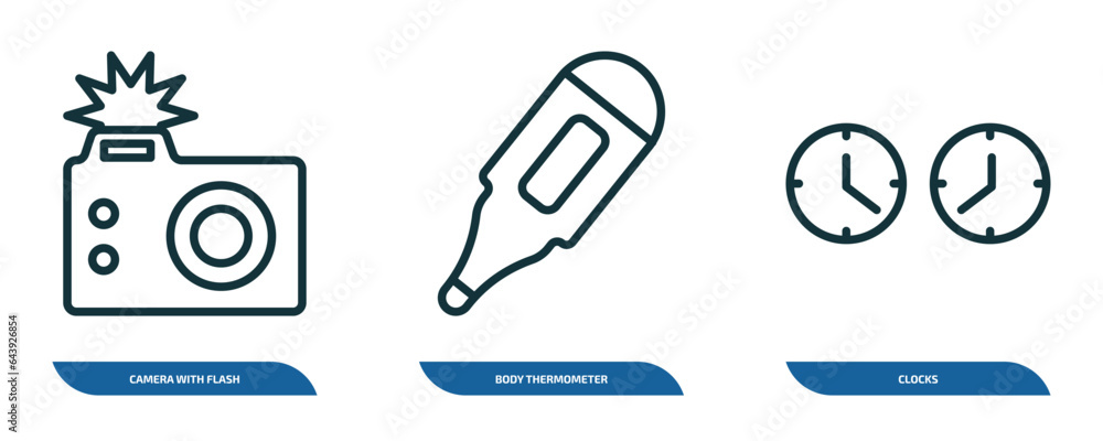 Poster set of 3 linear icons from tools and utensils concept. outline icons such as camera with flash, body