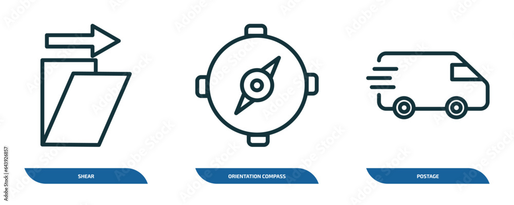 Poster set of 3 linear icons from tools and utensils concept. outline icons such as shear, orientation comp