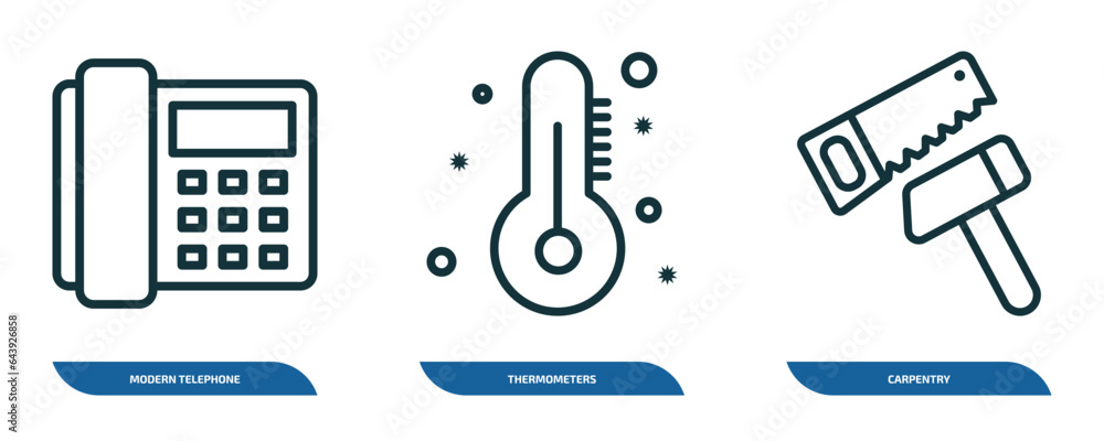 Poster set of 3 linear icons from tools and utensils concept. outline icons such as modern telephone, therm