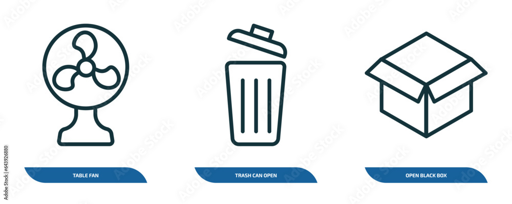 Poster set of 3 linear icons from tools and utensils concept. outline icons such as table fan, trash can op