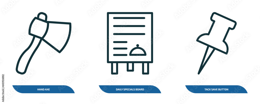 Poster set of 3 linear icons from tools and utensils concept. outline icons such as hand axe, daily special