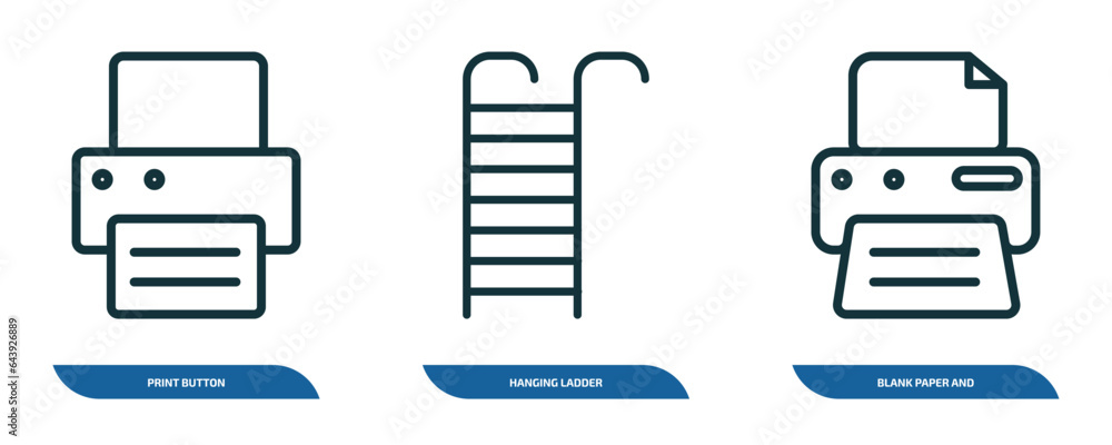 Poster set of 3 linear icons from tools and utensils concept. outline icons such as print button, hanging l