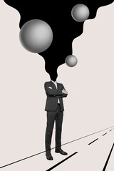 Collage black white gamma image of confident gentleman with no head crossed arms standing on street...