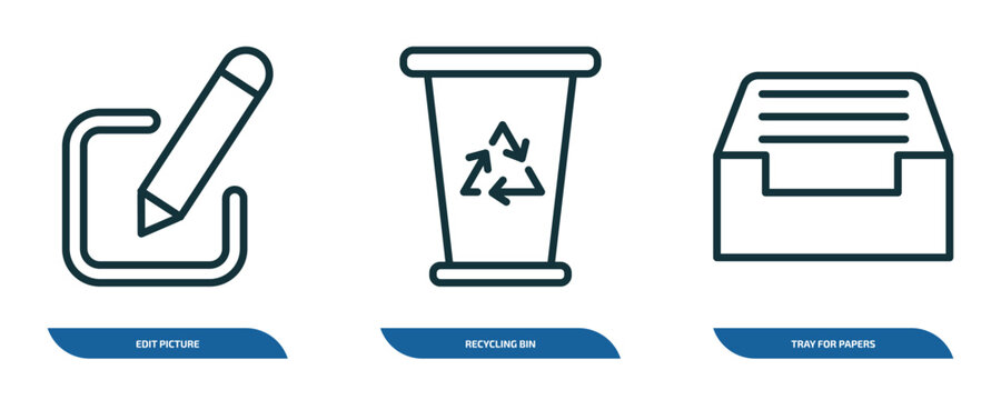 set of 3 linear icons from tools and utensils concept. outline icons such as edit picture, recycling bin, tray for papers vector