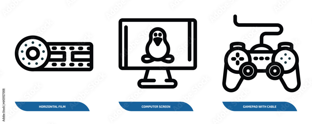 Poster set of 3 linear icons from technology concept. outline icons such as horizontal film strip, computer