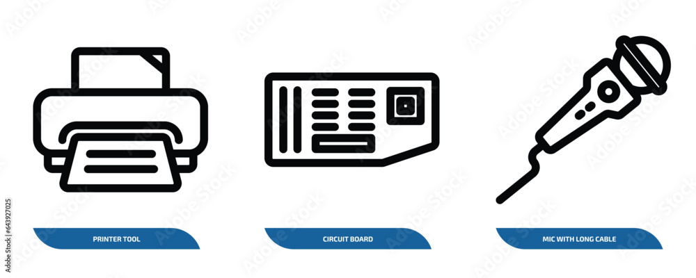 Poster set of 3 linear icons from technology concept. outline icons such as printer tool, circuit board, mi